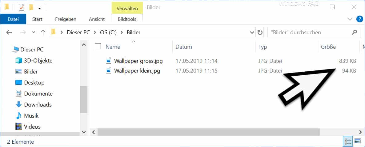 Dateigrößen nach Verkleinerung der Bilder