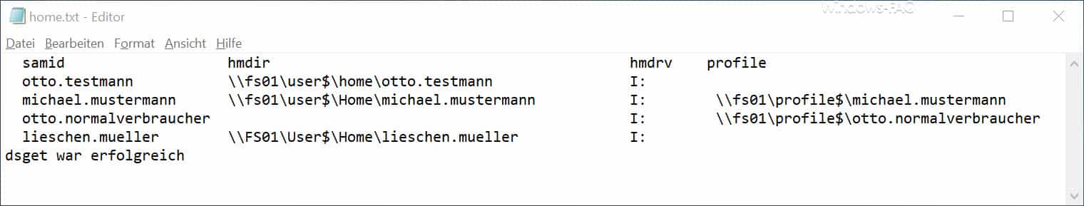 Liste der AD User mit Username, Home Verzeichnis, Home Drive und Profilpfad