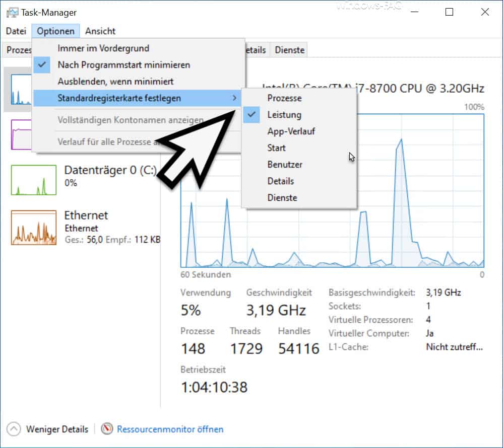 Im Windows Taskmanager die Standard Registerkarte setzen
