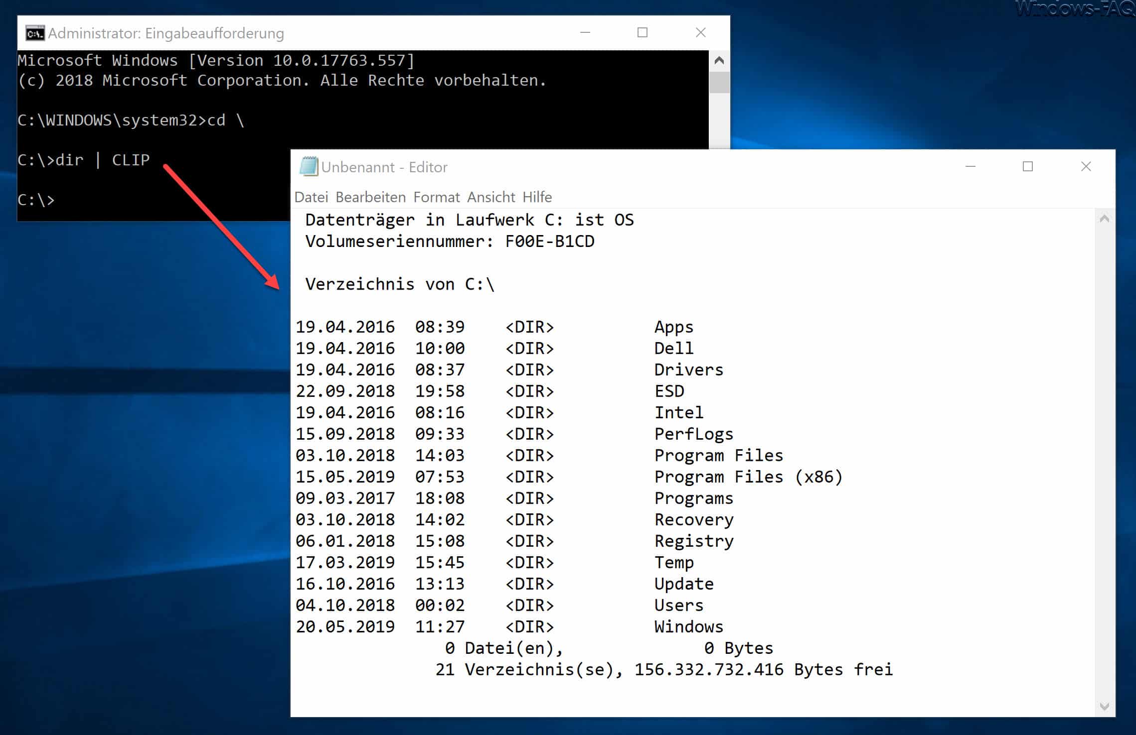 CLIP Befehl leitet Ausgaben in die Windows Zwischenablage um