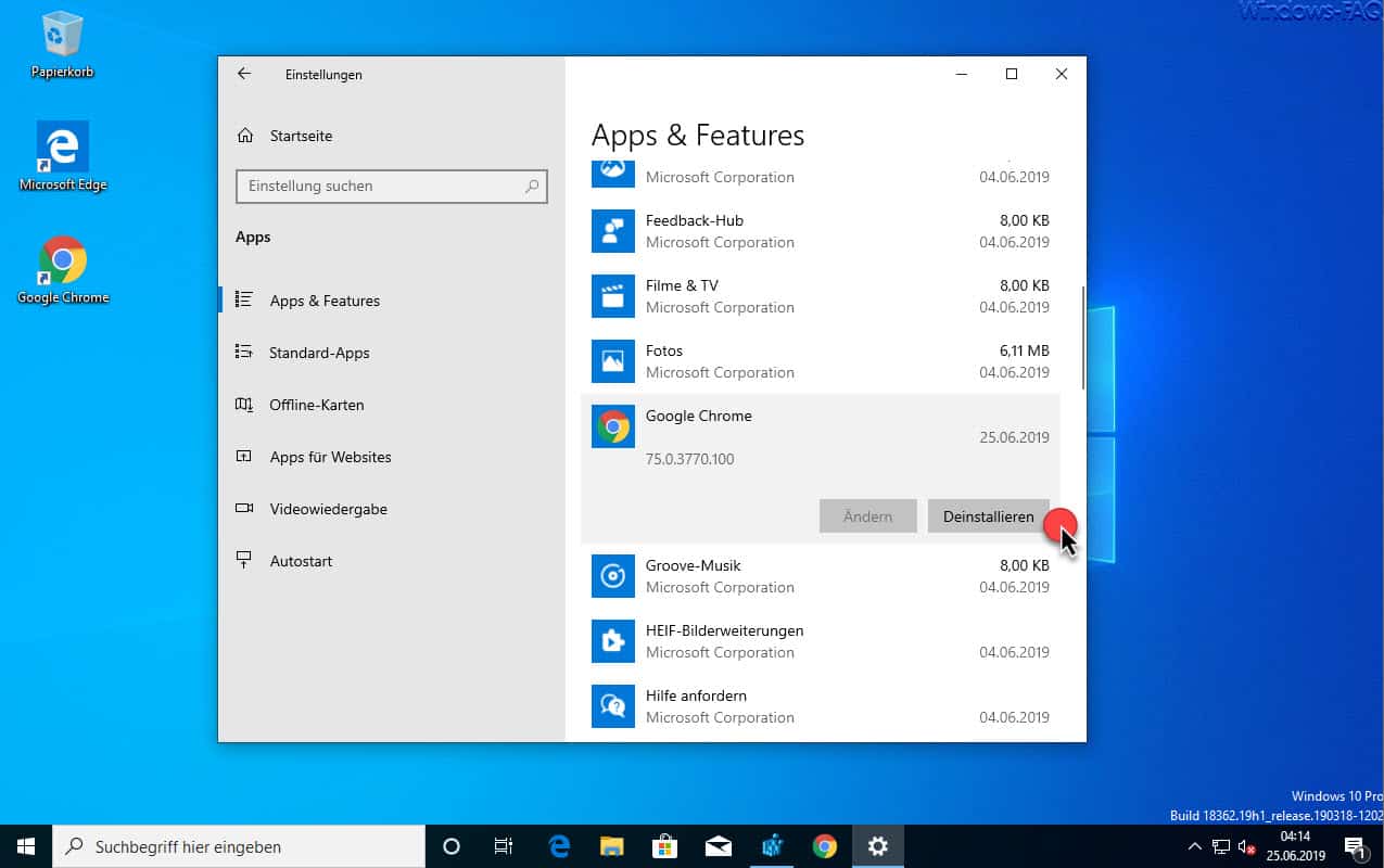Google Chrome Browser deinstallieren bei Windows 10