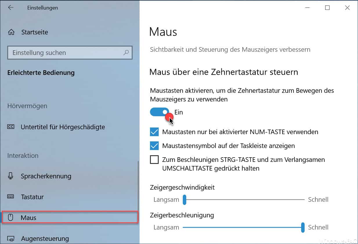 Maus über die Zehnertastatur steuern bei Windows 10