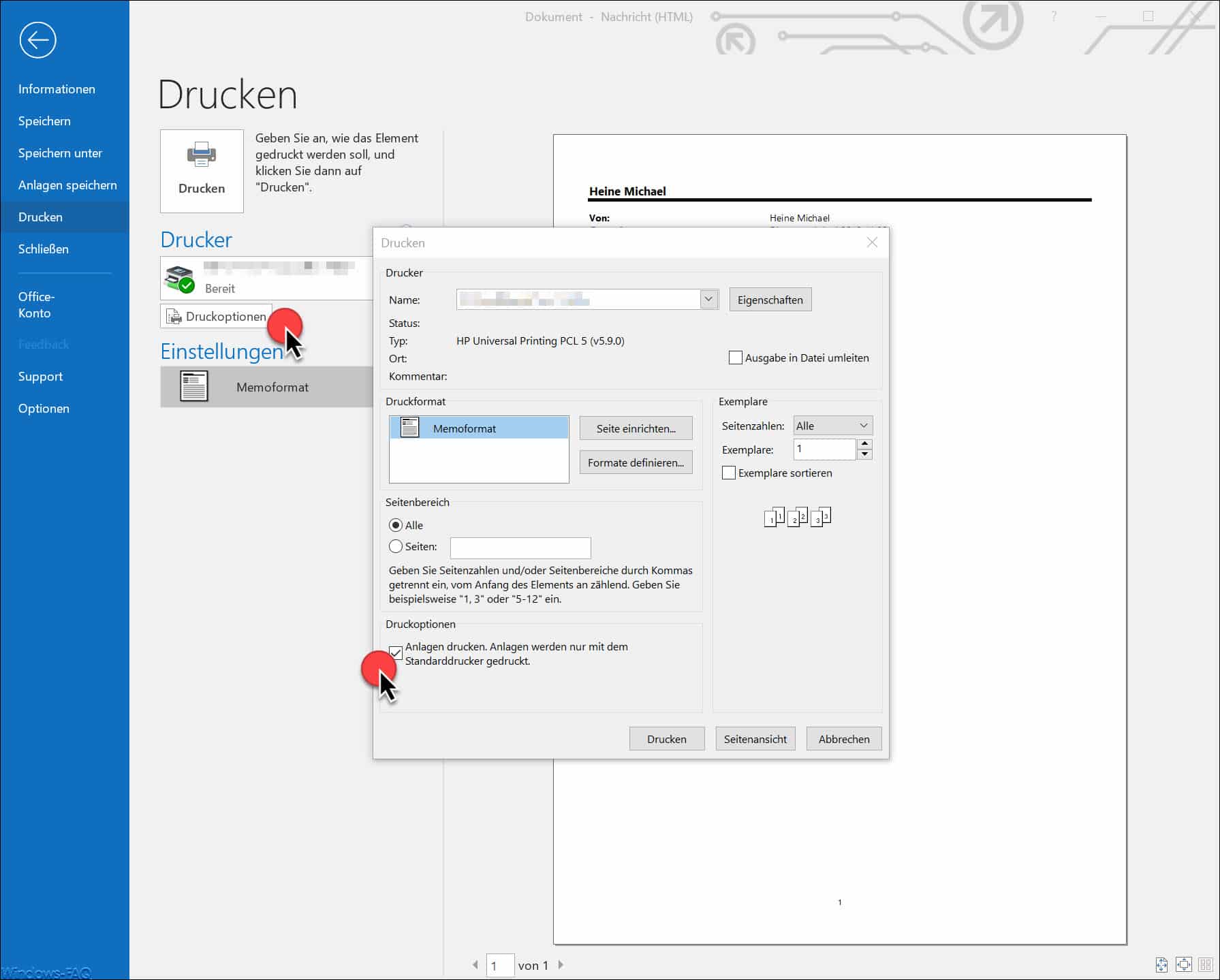 E-Mail und alle Anhänge zusammen im Outlook ausdrucken