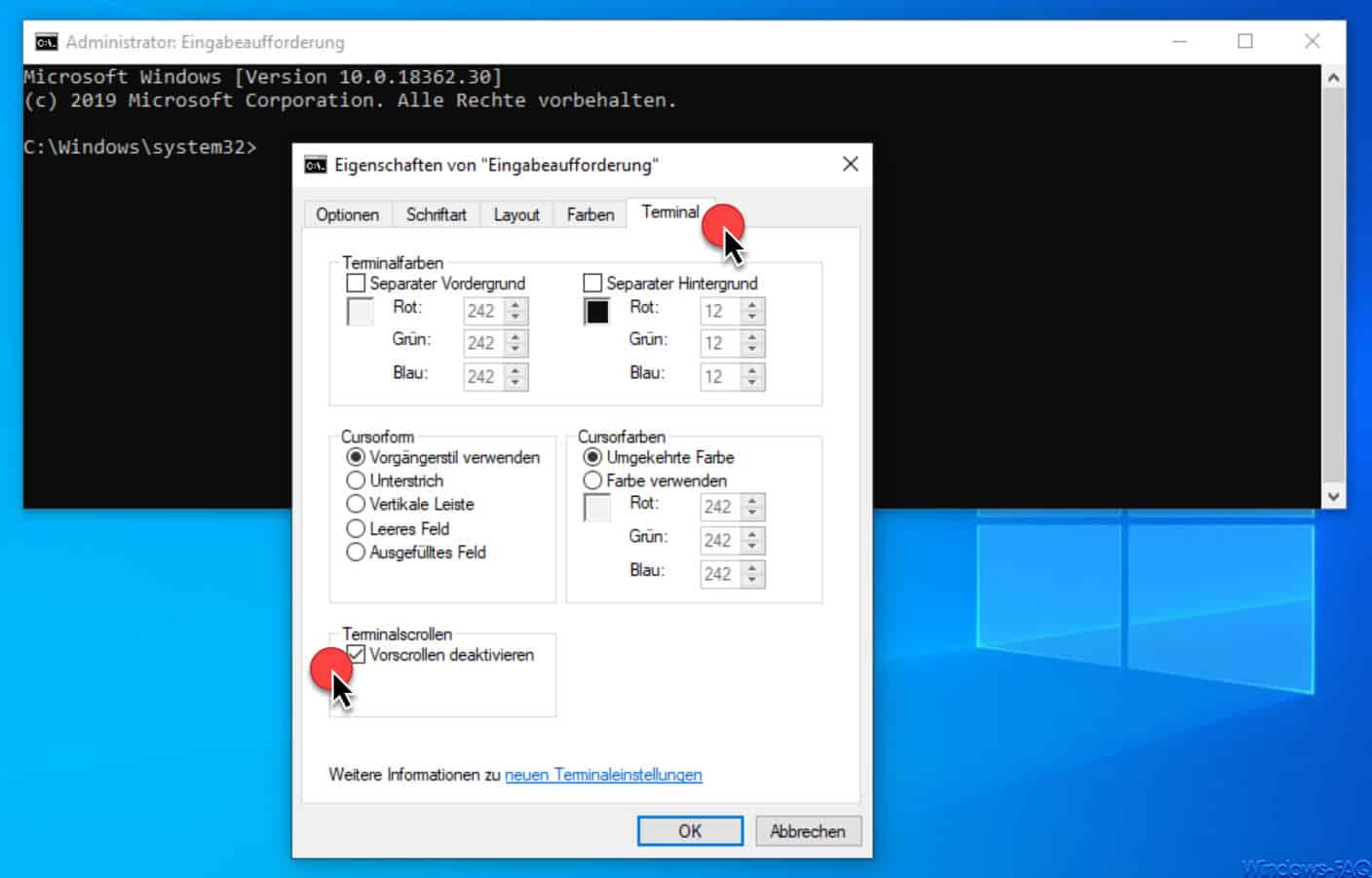 Vorscrollen deaktivieren in der Eingabeaufforderung und PowerShell Konsole
