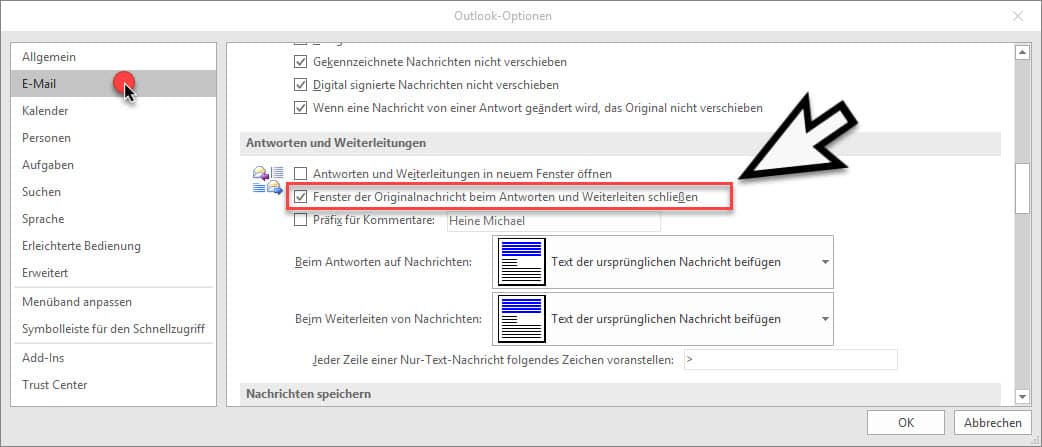 Originalnachricht automatisch schließen beim Antworten im Outlook