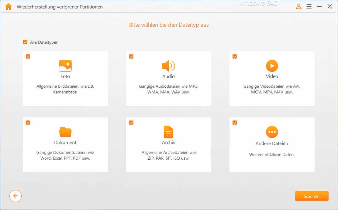 Bitte wählen Sie den Dateityp aus