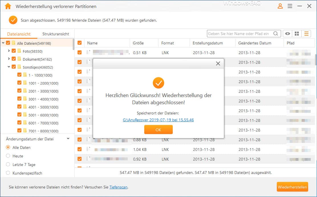 Herzlichen Glückwunsch - Wiederherstellung der Dateien abgeschlossen