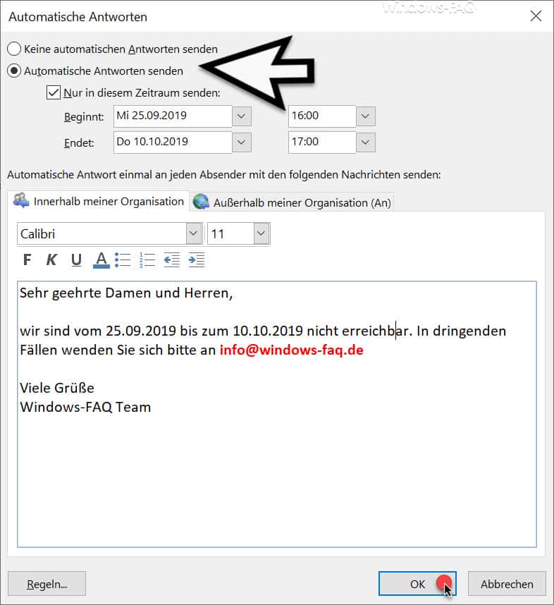 Outlook Abwesenheits-Nachrichten und automatische Antworten einrichten