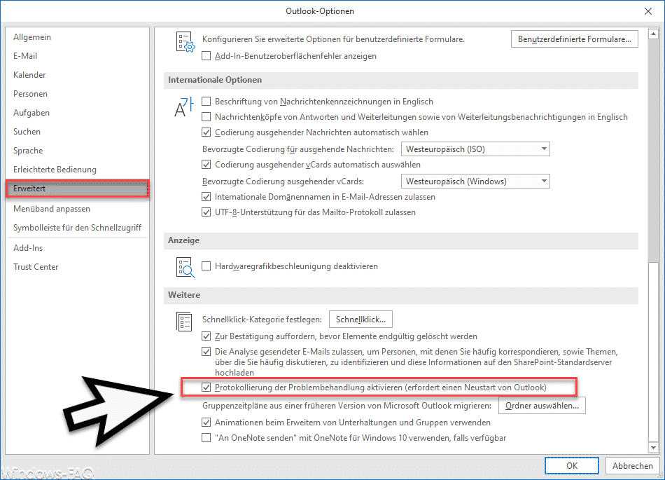Outlook Protokollierung aktivieren im Outlook