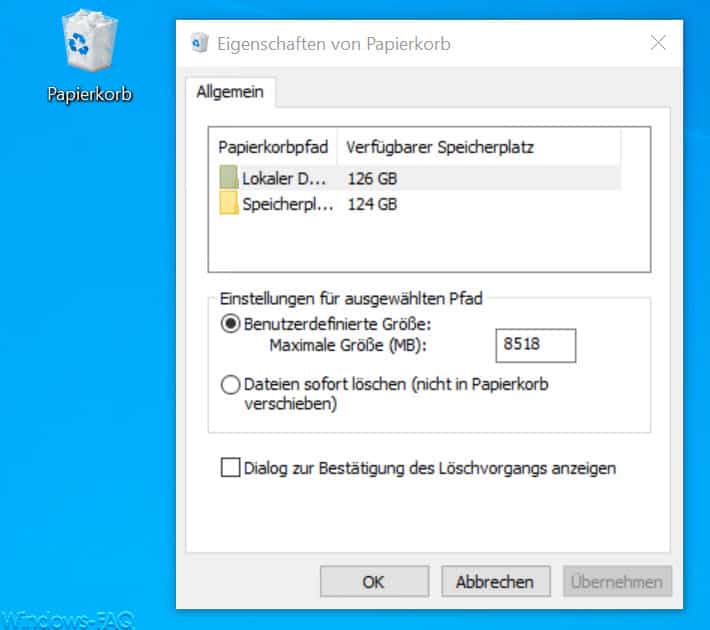 Eigenschaften von Papierkorb