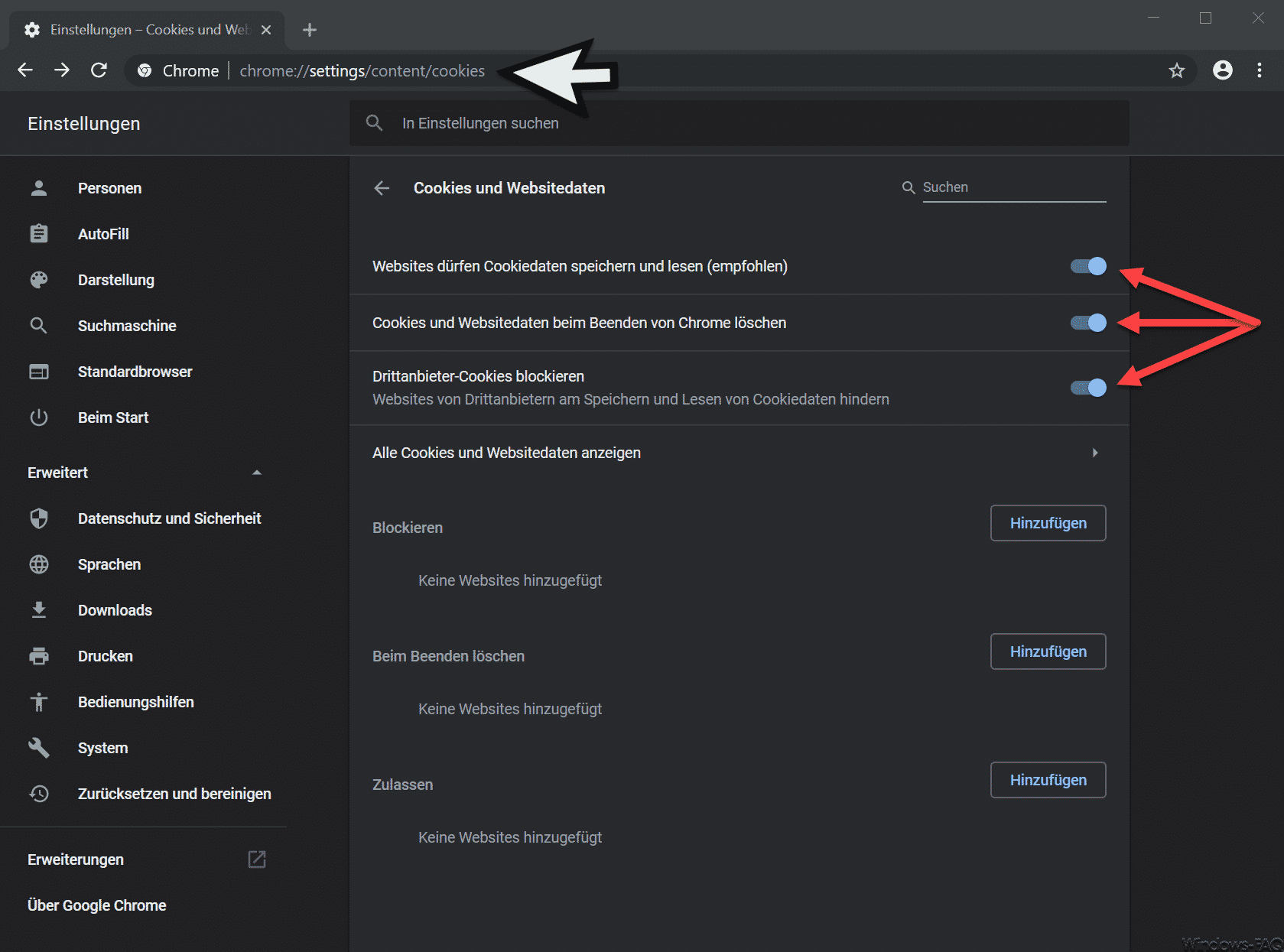 Cookies deaktivieren im Chrome