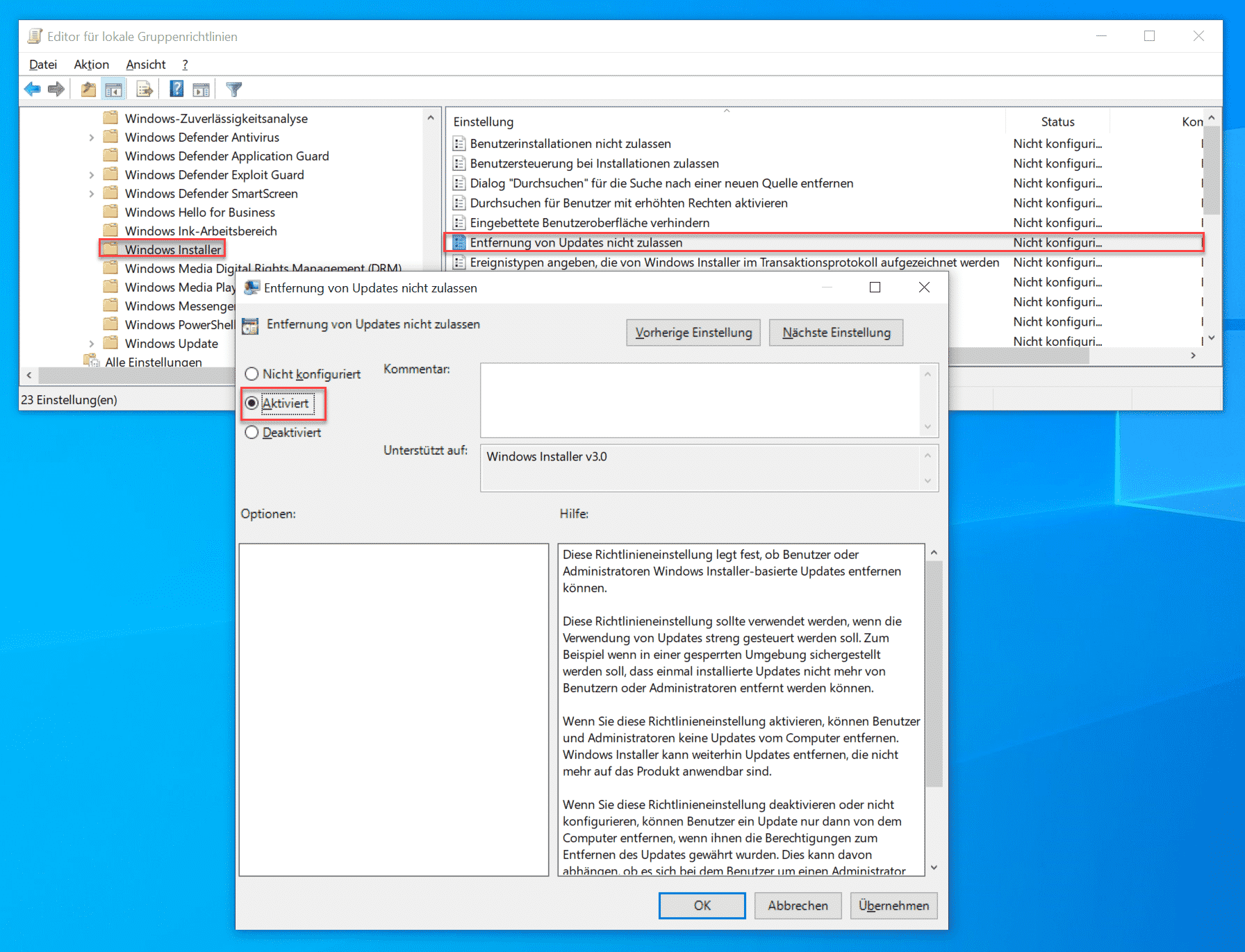 Deinstallation von Windows Updates verhindern