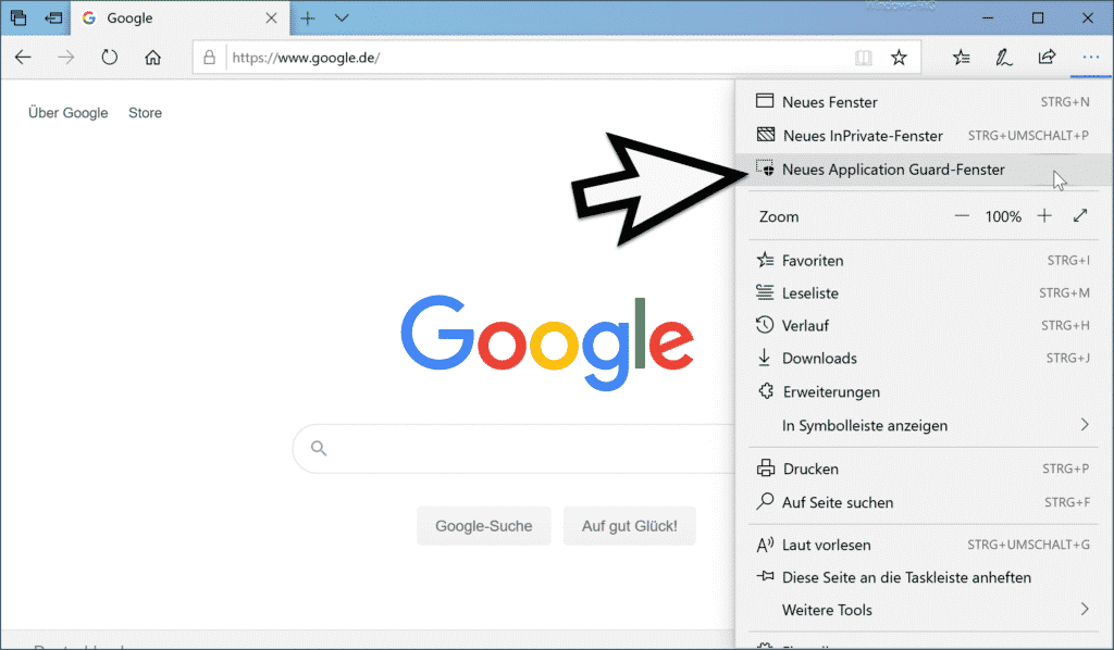 Neues Application Guard Fenster im Edge Browser