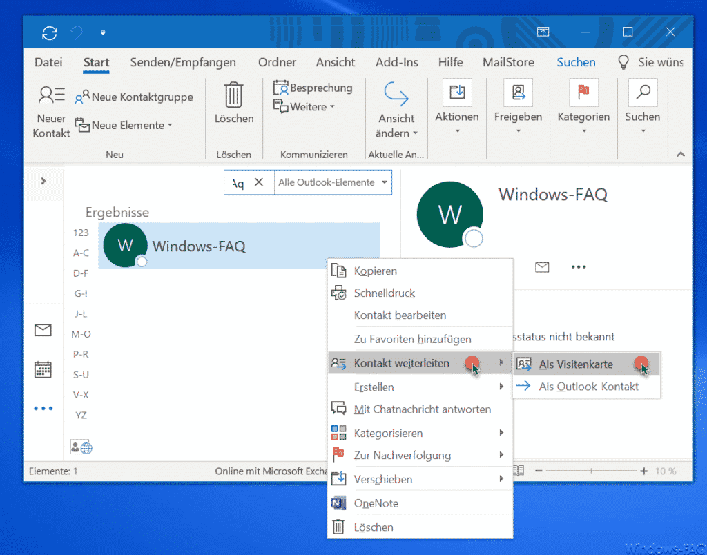 Outlook Kontakt weiterleiten als Visitenkarte
