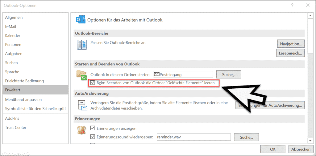 Beim Beenden von Outlook die Ordner Gelöschte Elemente leeren