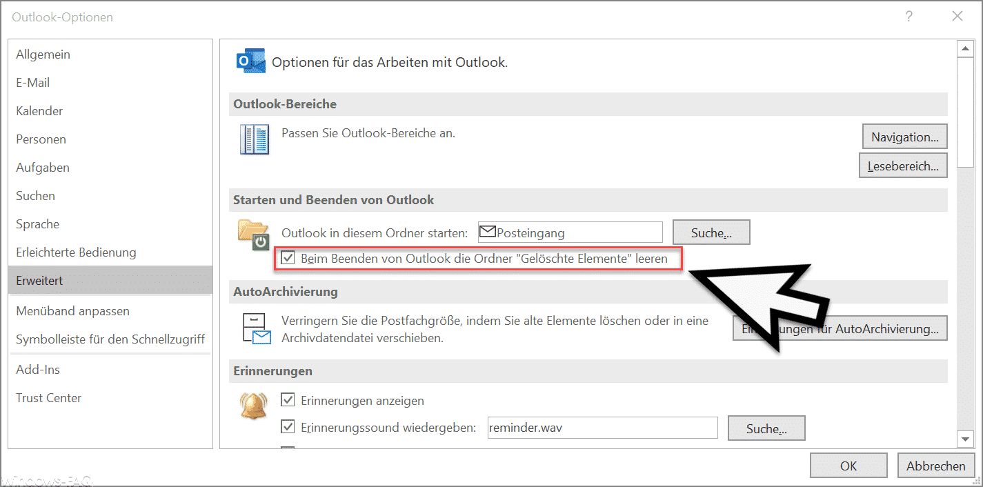 Beim Beenden von Outlook immer den Ordner „Gelöschte Elemente“ automatisch leeren