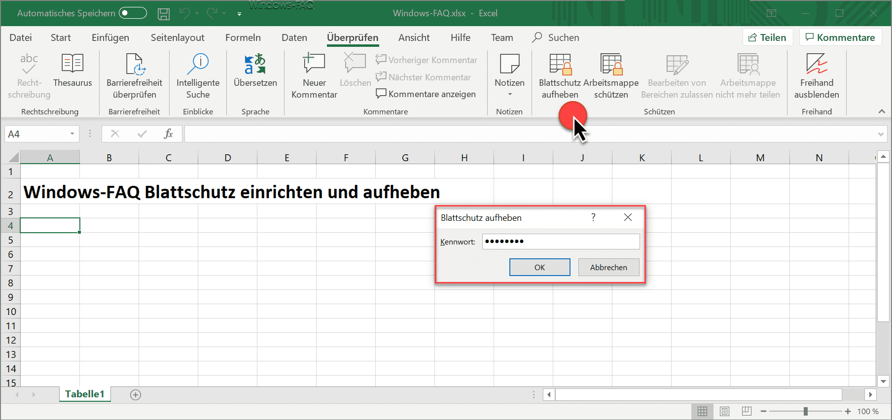 Excel Blattschutz aufheben