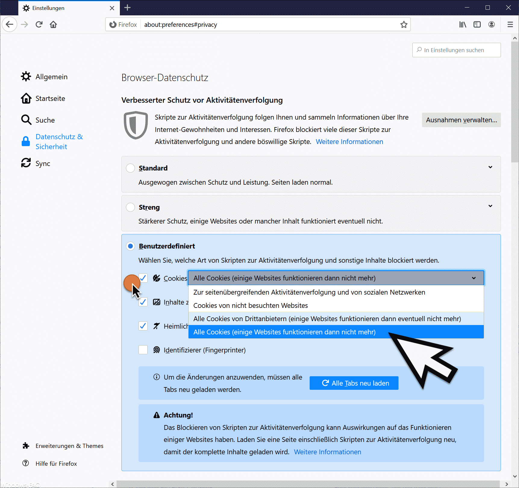 Im Firefox die Cookies deaktivieren