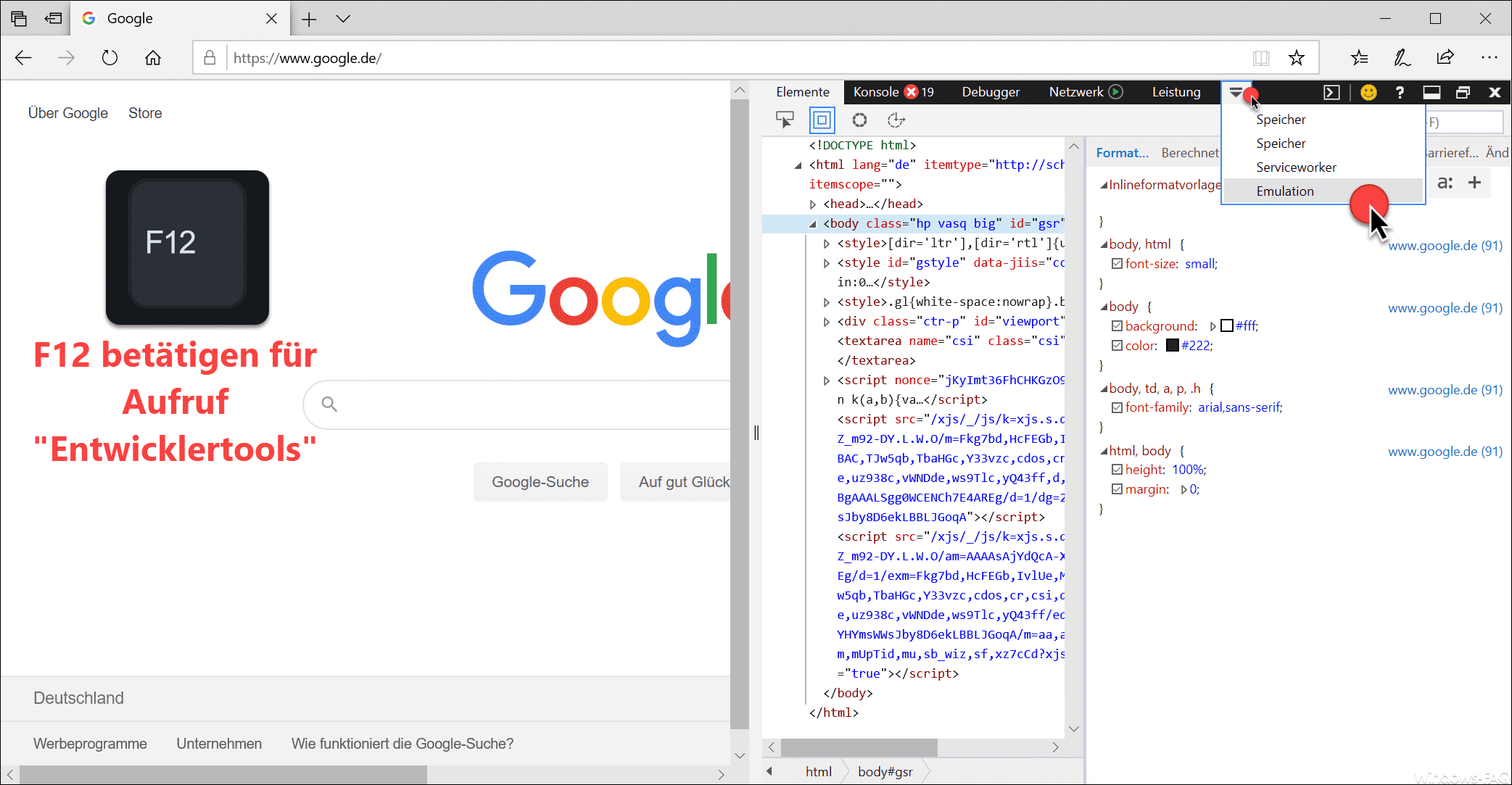 Edge Entwicklertools und Emulation starten