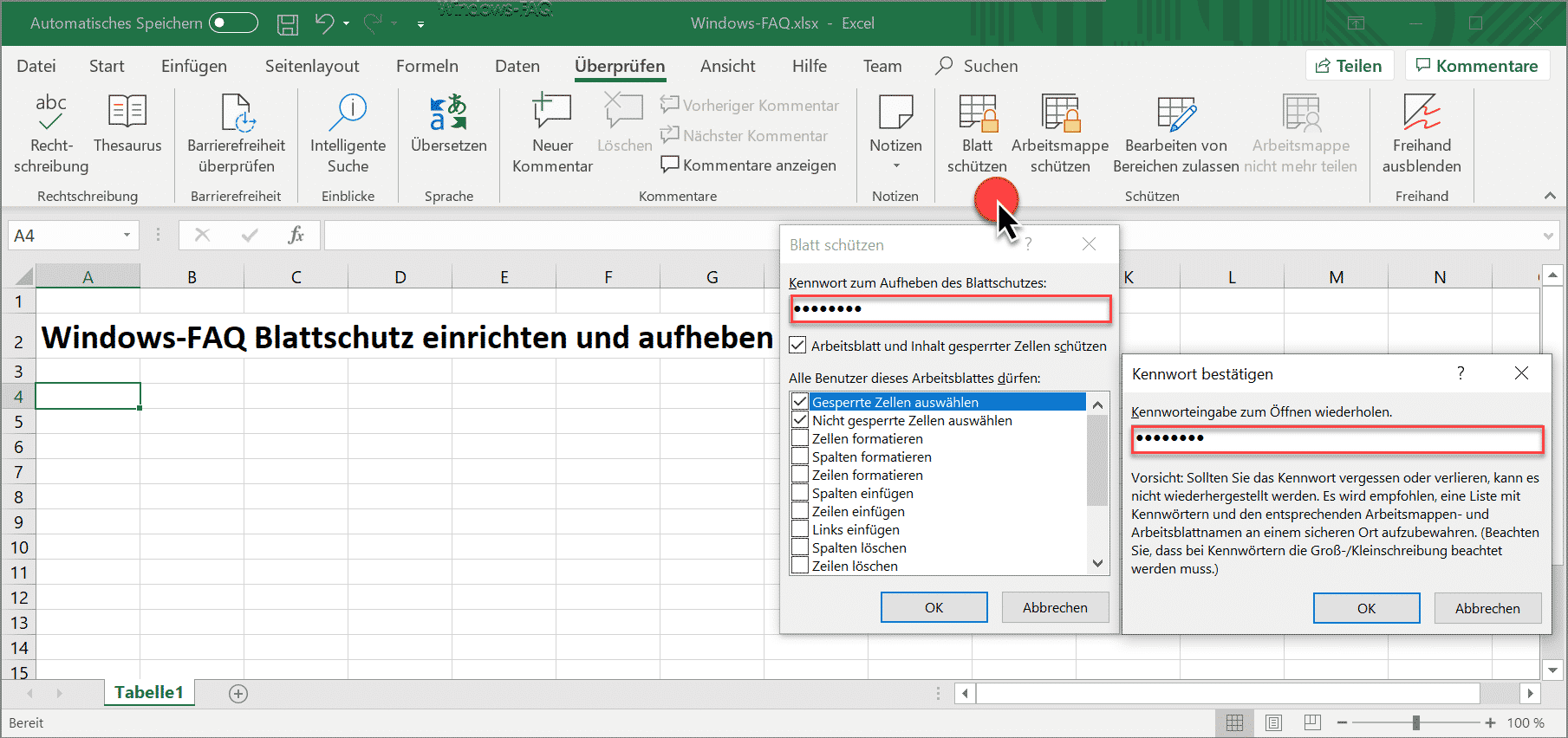 Wie kann der Excel Blattschutz eingerichtet bzw. aufgehoben werden?