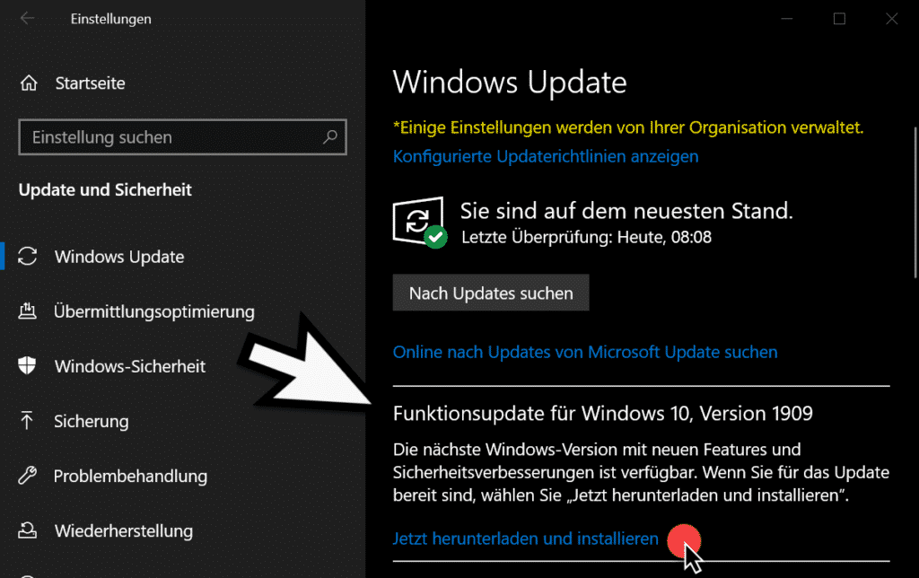 Funktionsupdate für Windows 10 Version 1909