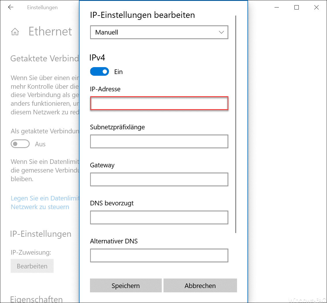 IP Adresse, Subnetz, GW und DNS eintragen