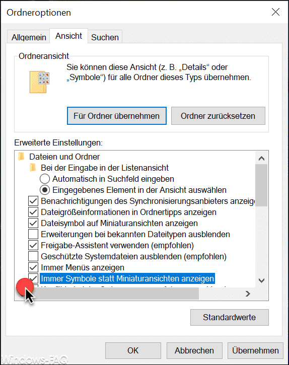 Immer Symbole statt Miniaturansichten anzeigen - Option Windows Explorer