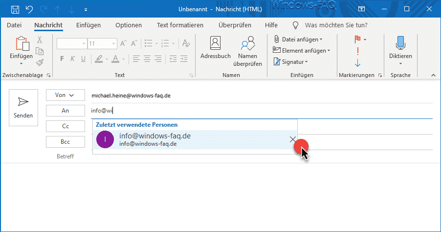 Outlook Autovervollständigen Vorschlag