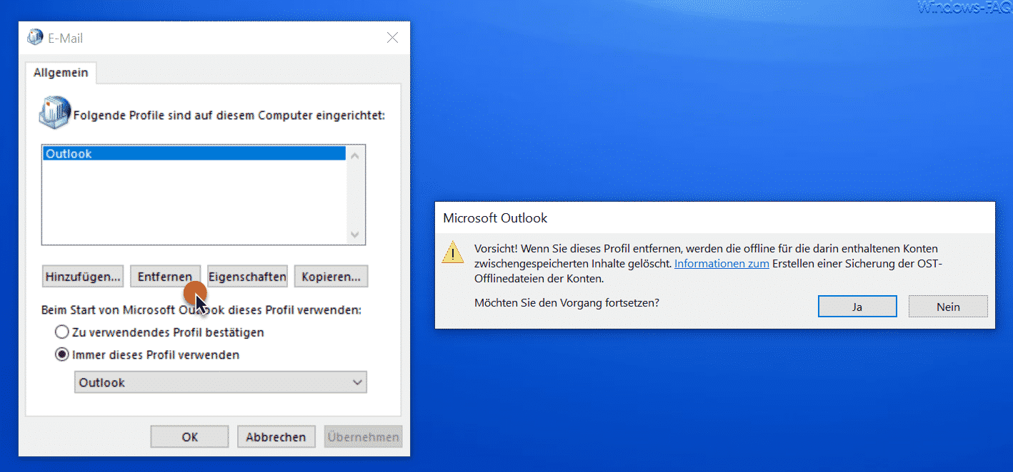 Outlook Profil entfernen
