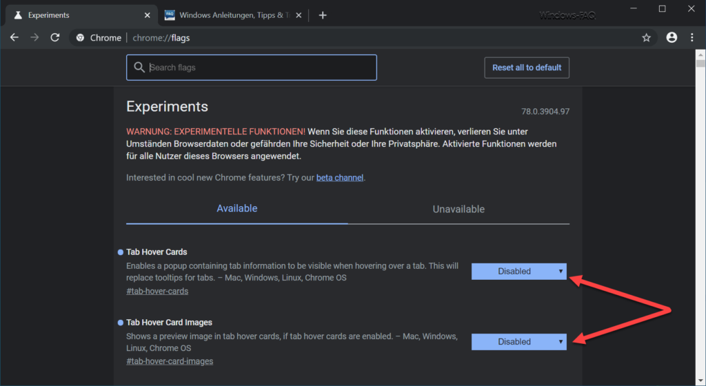 Tab Hover Cards deaktivieren