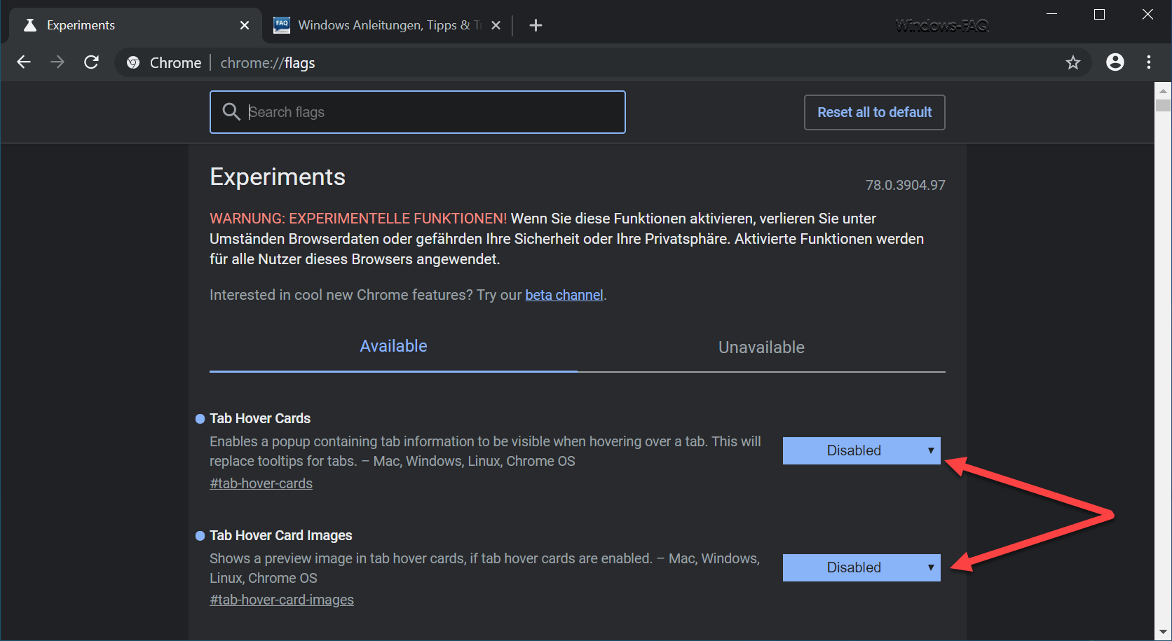 Tab Hover Cards (Vorschauinformation) im Chrome deaktivieren
