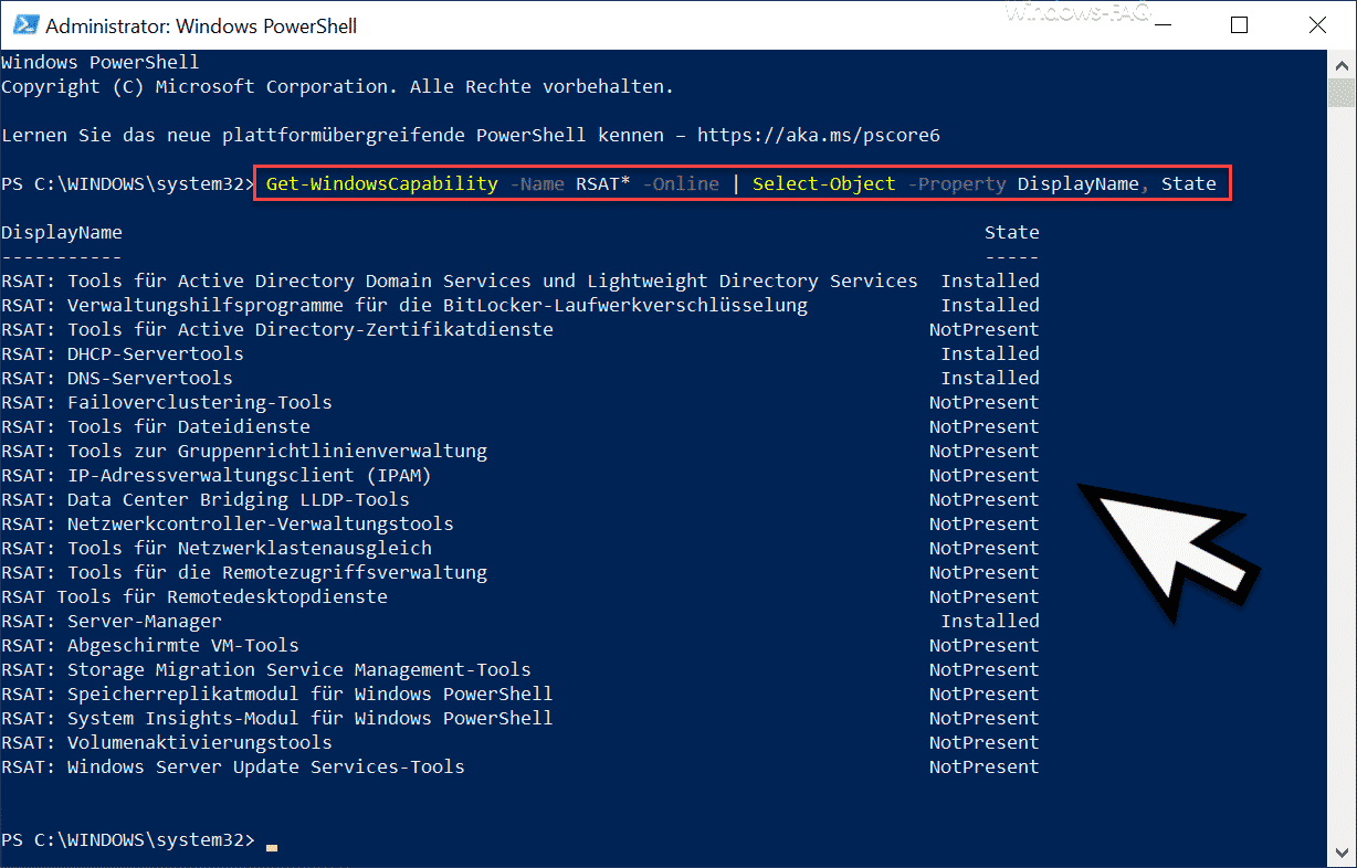 RSAT Tools per PowerShell installieren und installierte RSAT Tools abfragen