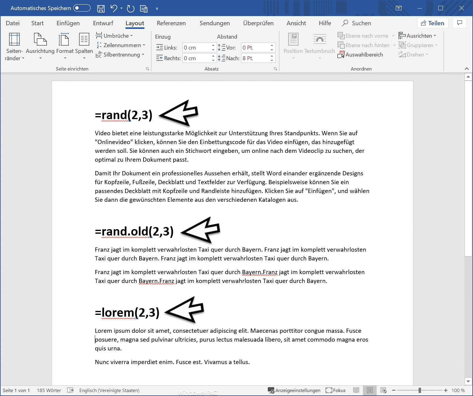 Blindtext, Zufallstext, Fülltext im Word erzeugen (rand, rand.old, lorem ipsum)