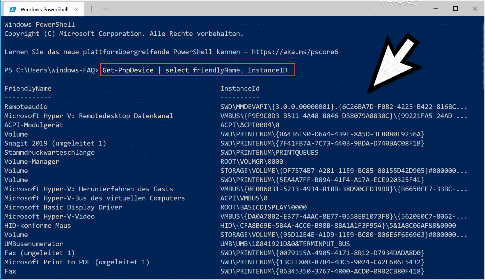 Get-PnpDevice InstanceID und FriendlyName