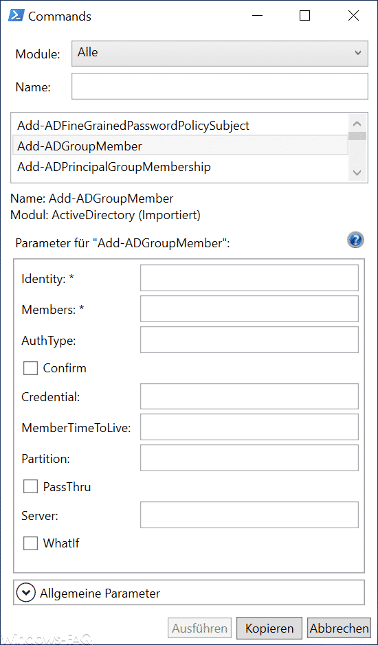 Parameter Übersicht PowerShell Befehl