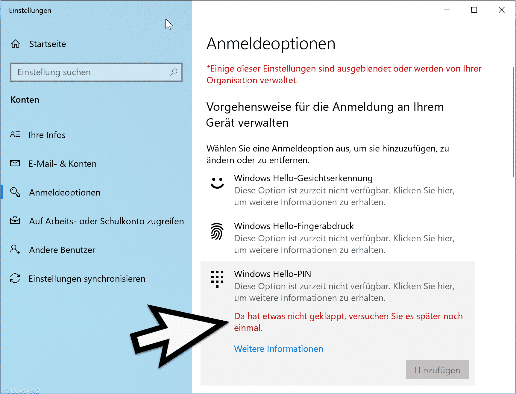 Windows Hello Pin - Da hat etwas nicht geklappt