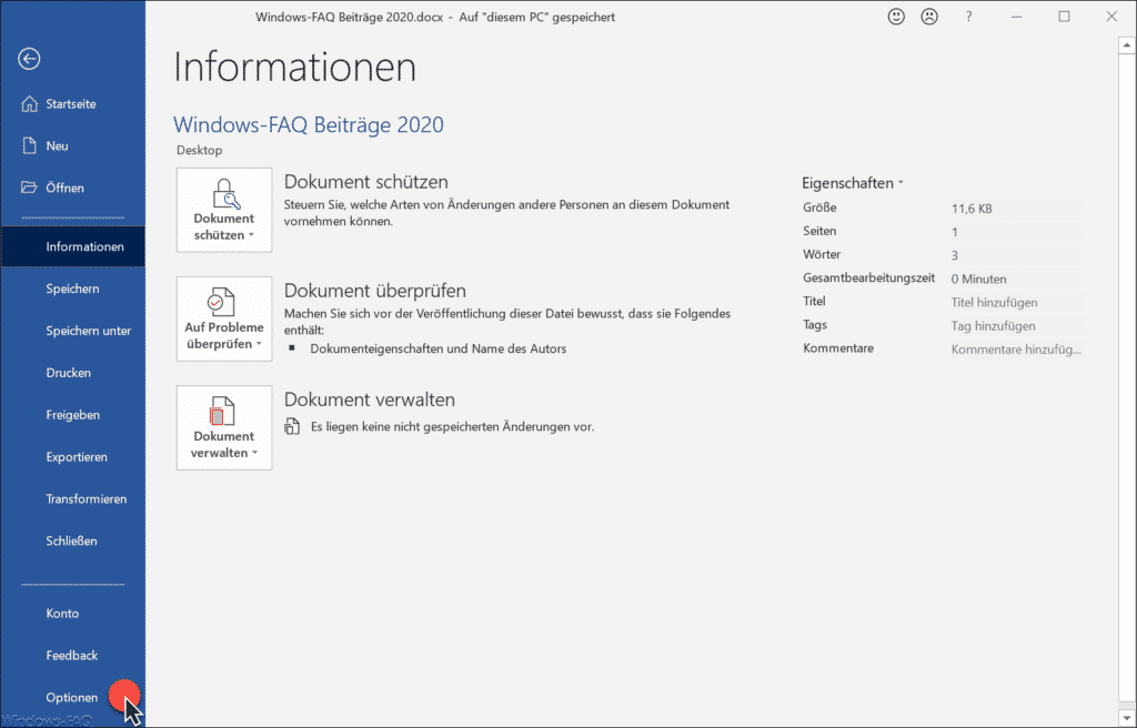 Word Datei - Optionen