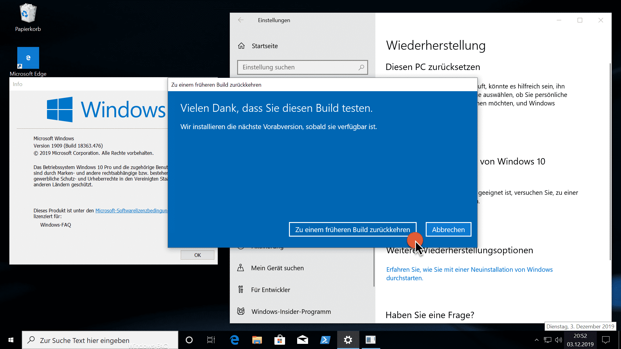 Deinstallation von Windows 10 Version 1909