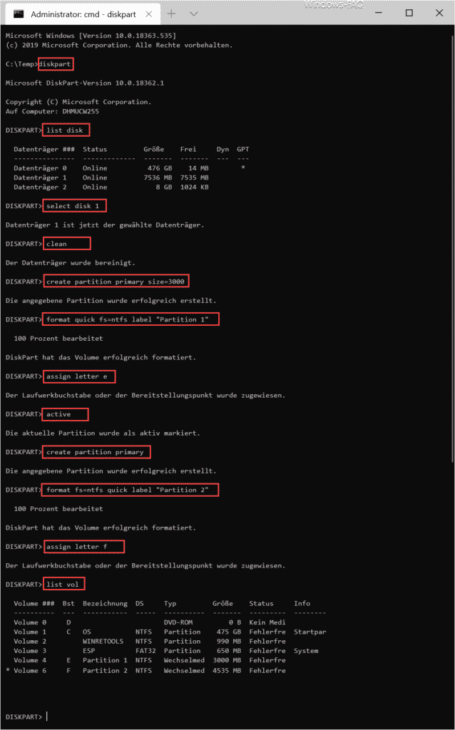 2 Partition auf USB Stick mit Diskpart