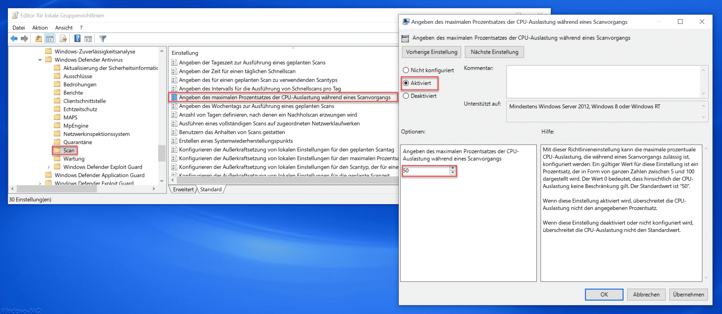 CPU Last vom Windows Defender per Gruppenrichtlinie beschränken
