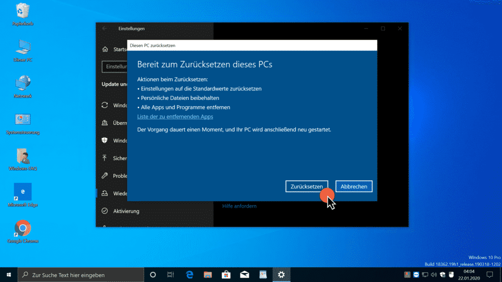 Bereit zum Zurücksetzen dieses PCs