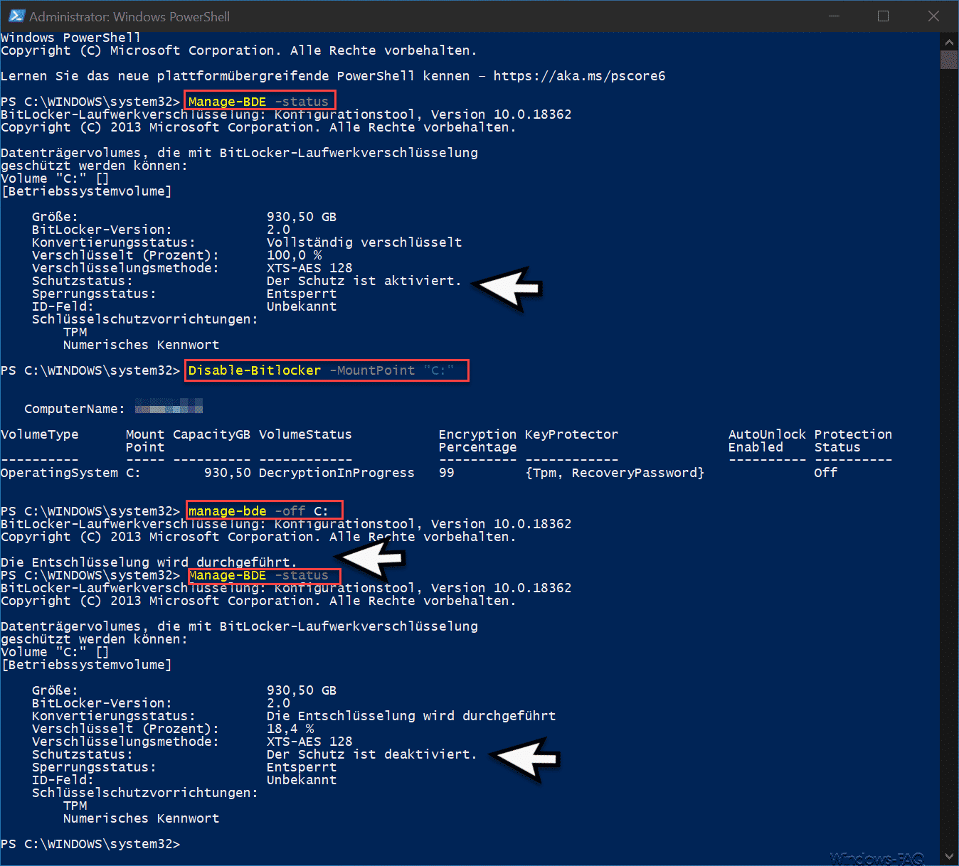 Bitlocker deaktivieren per PowerShell