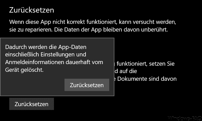 Dadurch werden die App-Daten einschließlich Einstellungen...