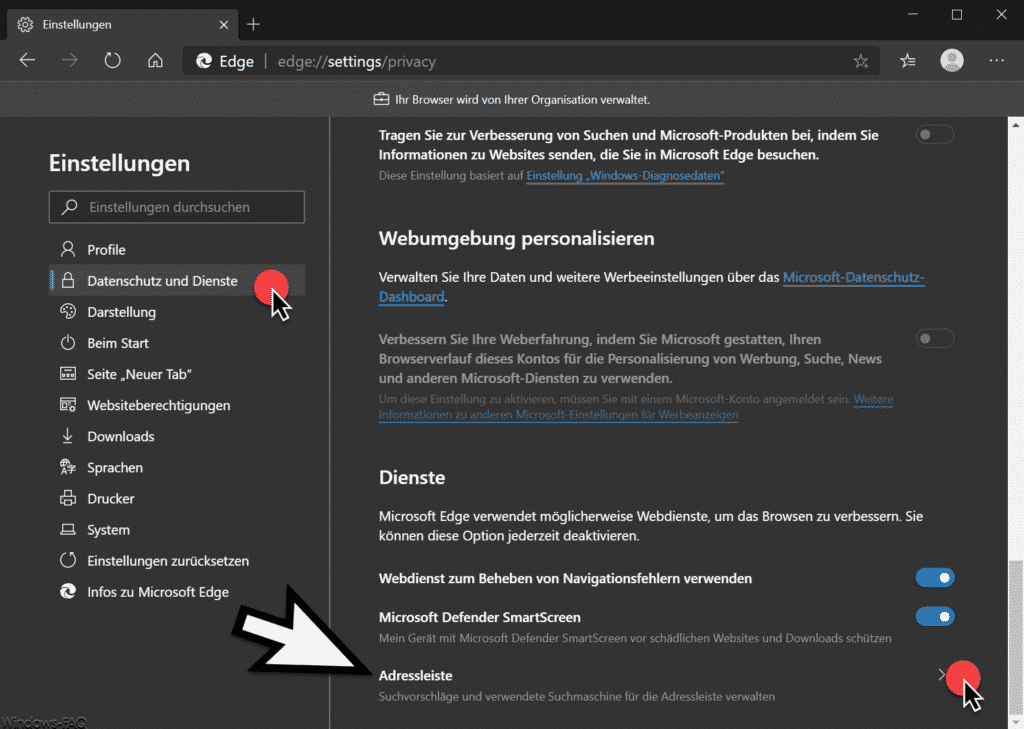 Datenschutz und Dienste - Adressleiste Edge Chromium