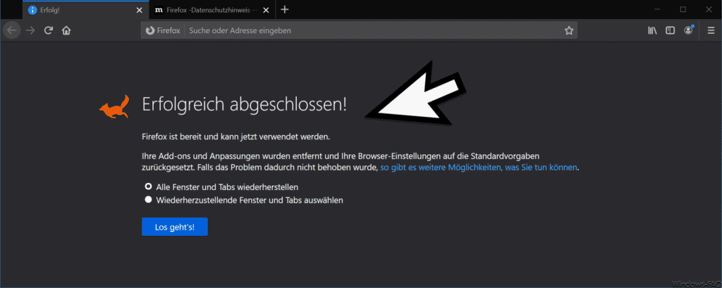 Firefox Bereinigung erfolgreich abgeschlossen