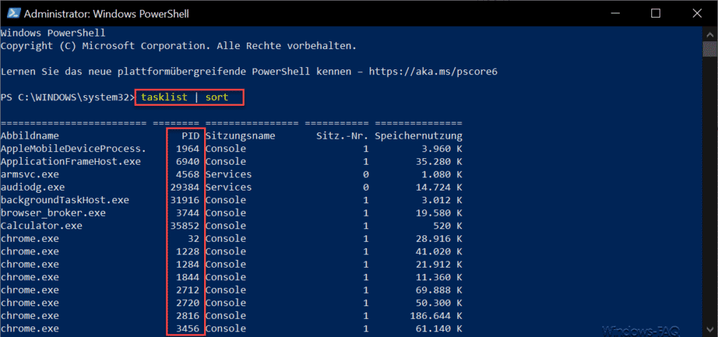 Tasklist sortiert mit PID