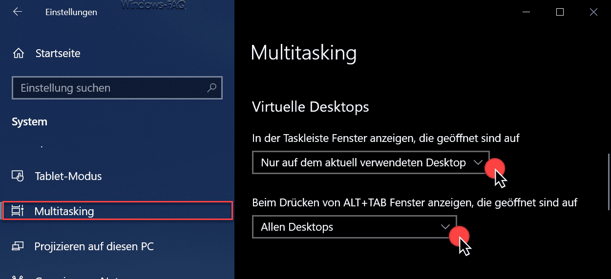 Taskleisten Einstellungen und Fensterdarstellung bei virtuellen Desktops