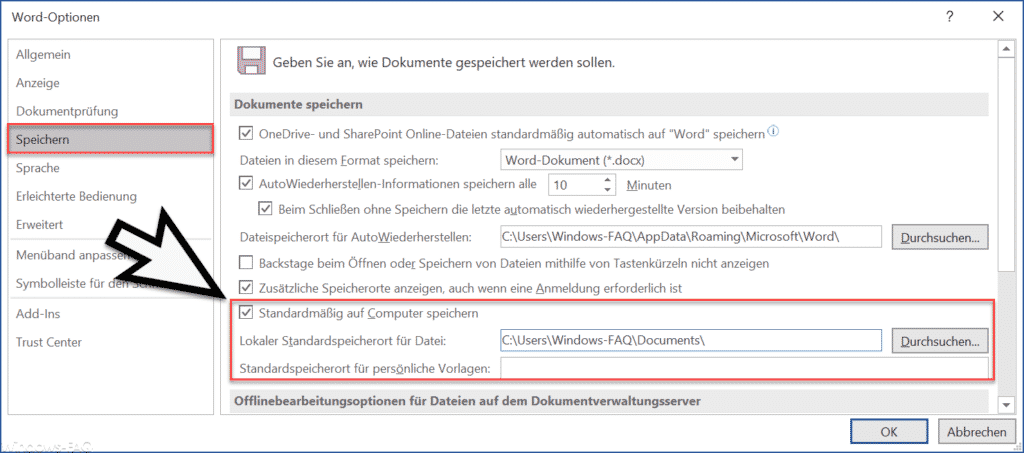 Word - Standardmäßig auf Computer speichern
