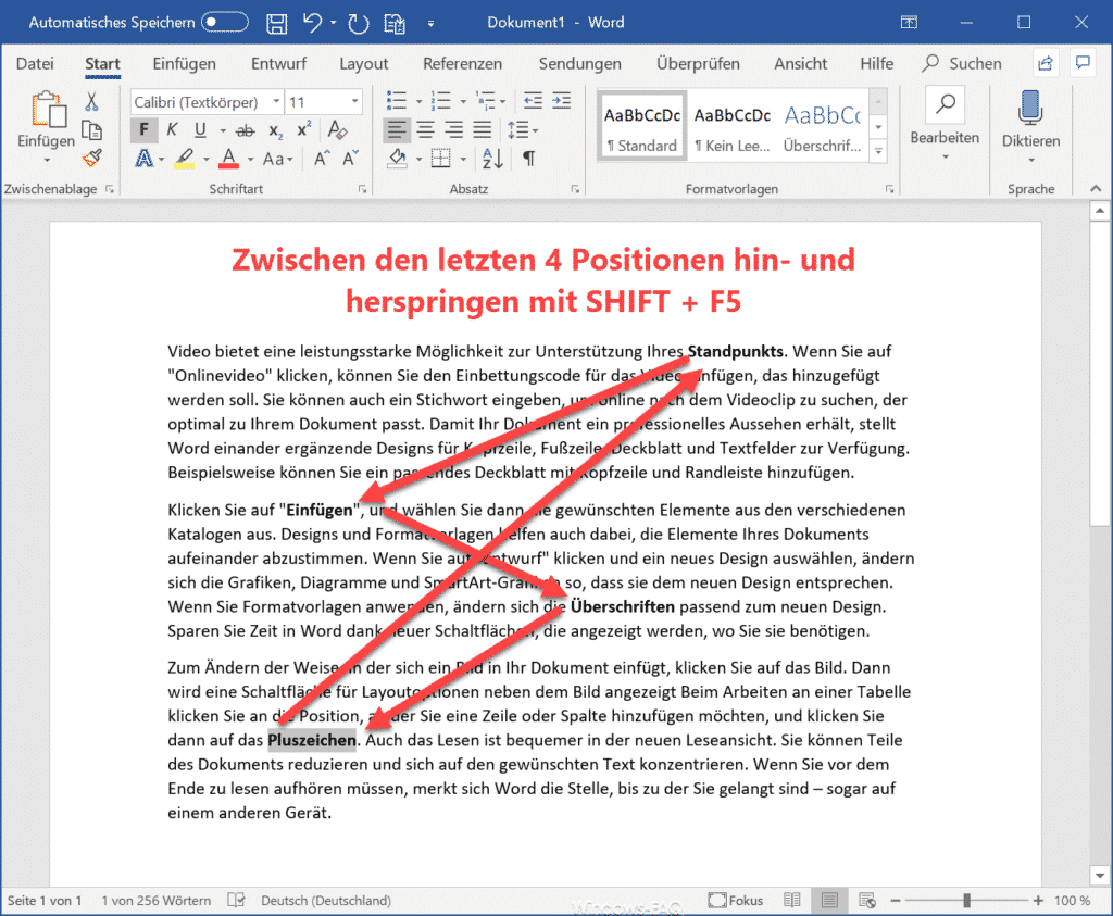 Zu den letzten Positionen springen im Word