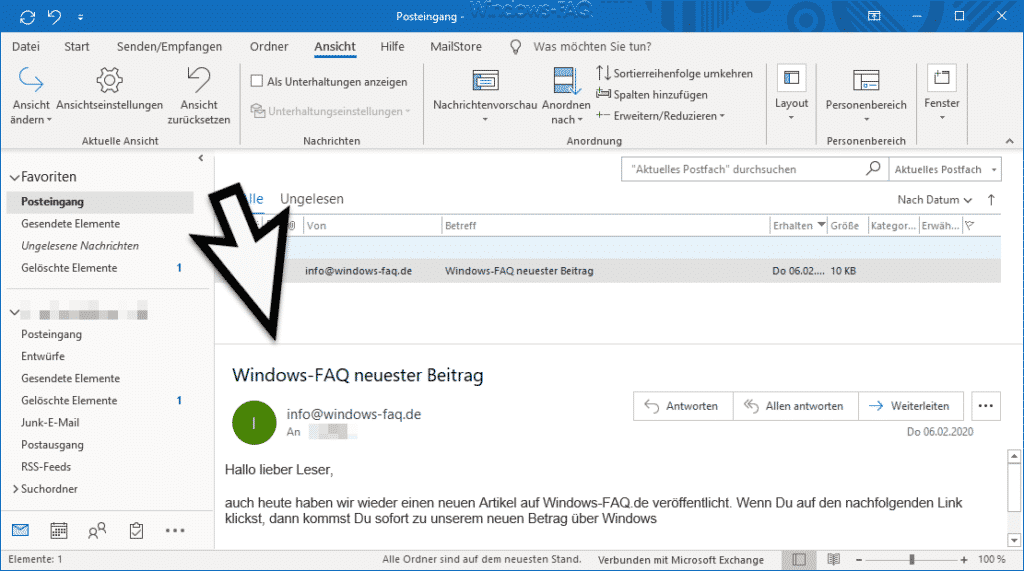 Outlook Lesebereich unten